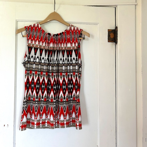 Calvin Klein Sleeveless Blouse Abstract Geometric Orange Tan Black White Ikat - Picture 2 of 13